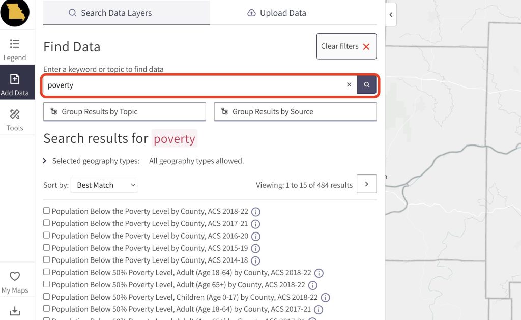 The word "poverty" is typed into the data search bar